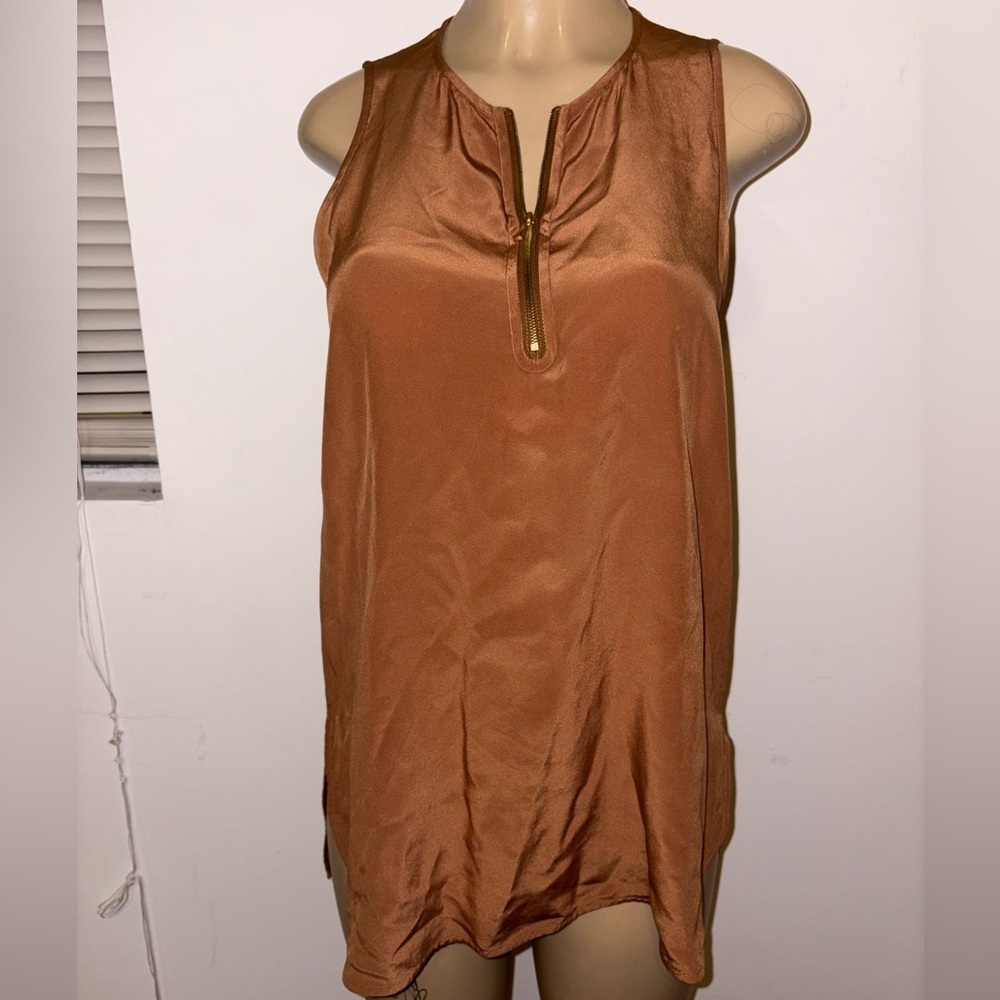 Vince Brown Sleeveless Silk Half Zip Tunic Blouse Size M